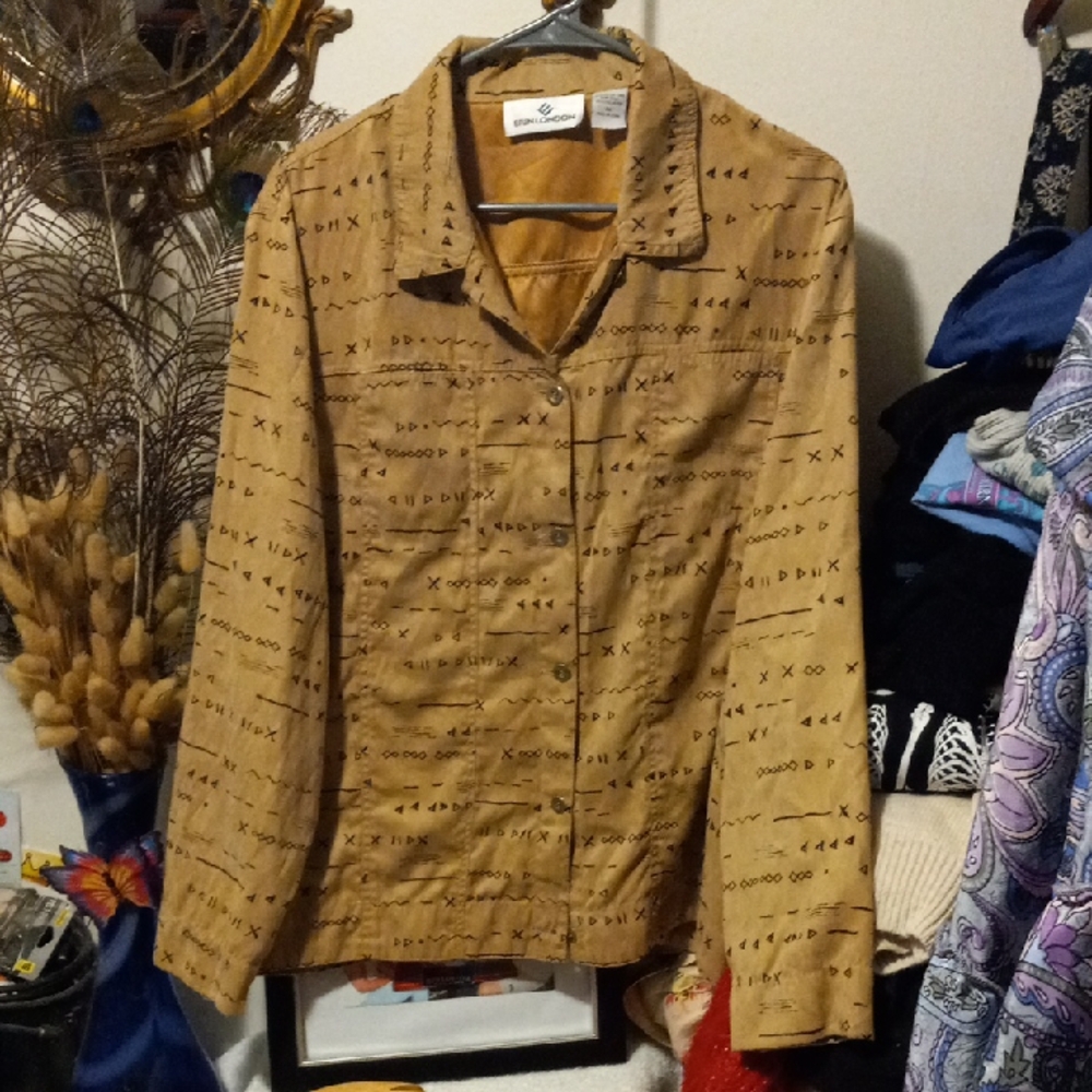 erin london Mustard Brown Printed Button-Front Top Jacket Feel Of Suede Material